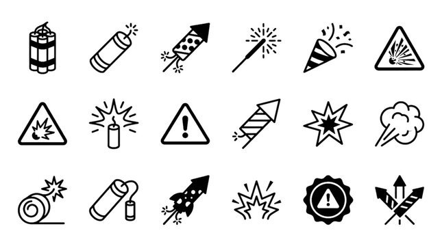 Black and White Dynamite Firecracker and Pyrotechnic Warning Vector Icon Set in Minimalist Outline Style