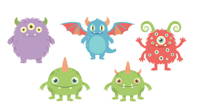 Diverse group of five colorful cartoon monsters with horns and wings stands together on a plain white background.