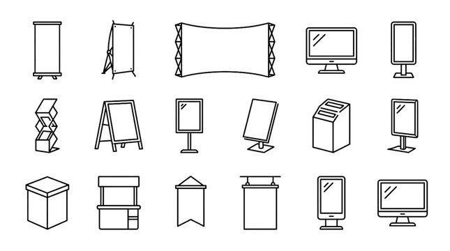 Collection of Exhibition Display Stands and Advertising Elements Black Outline Minimalist Vector Icon Set