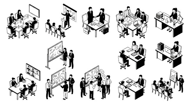 Business People Meeting Presentation Handshake Black and White Isometric Vector Icon Set for Office Work Teamwork and Communication