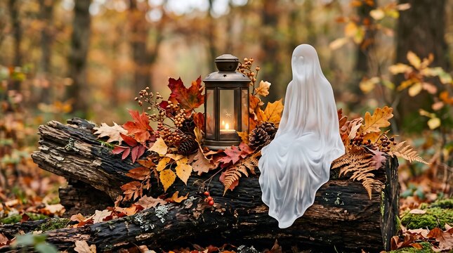 Spooky ghost figure sitting on log in autumn forest, ethereal white phantom with vintage lantern and fall leaves, mysterious halloween scene in woods with orange foliage