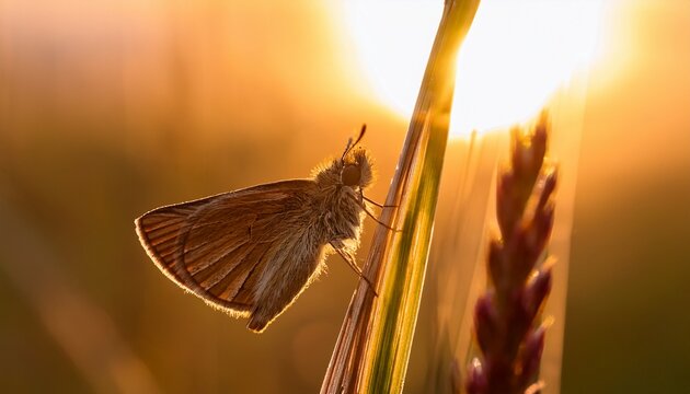 Macro Of A Small Skipper Butterfly Thymelicus Sylvestris Resting On A Grass Stem At Sunrise Backlit By The Sun Taken At Stanpit Marsh Uk
