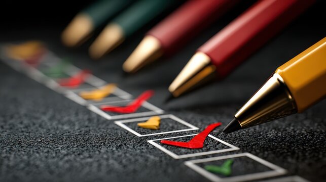 Business assessment and certification concept, featuring online exams or surveys where correct answers are selected, representing international product standard certifications.