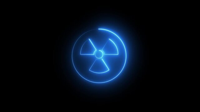 Glowing neon radiation hazard icon animation on black background for danger and safety warning.