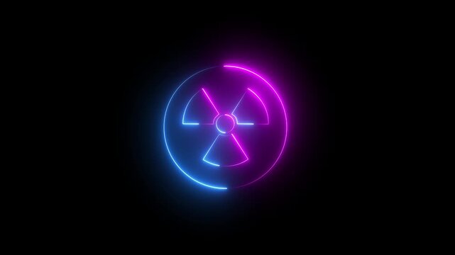 Glowing neon radiation hazard icon animation on black background for danger and safety warning.