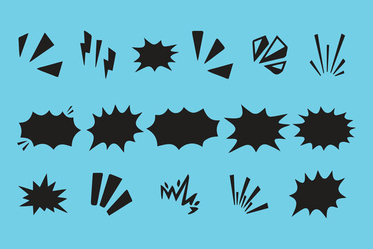 Comic style speech bubbles, explosion effects, and speed lines vector set isolated on green background.