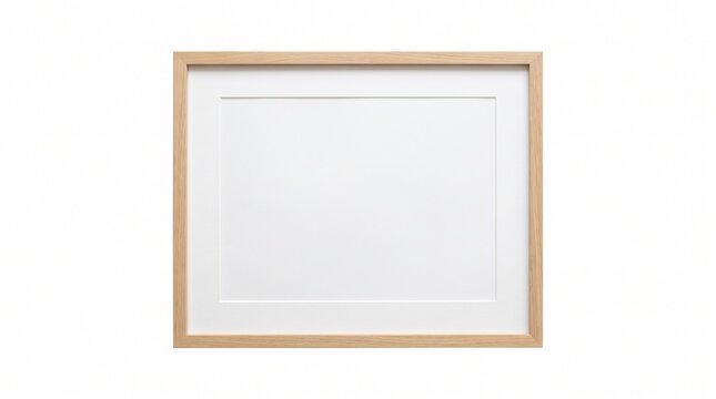 A wooden framed empty picture frame with a white mat border.  isolated on solid white background