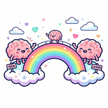 Cute cartoon brains walking on a colorful rainbow bridge between clouds with idea and learn signs.
