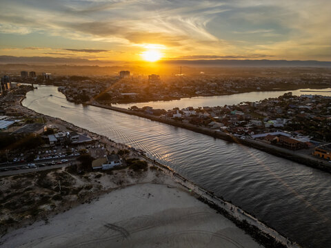Drone View of the Mampituba River at Sunset in Southern Brazil