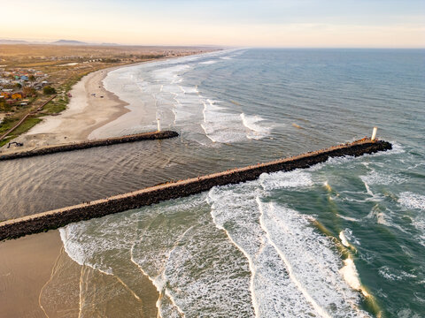 Aerial View of the Mampituba River Jetties, Lighthouses and the Coast of Torres and Passo de Torres, Brazil