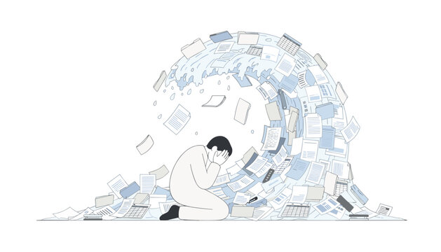 Stressed person kneeling in despair while being overwhelmed by a massive tidal wave of floating documents and office paperwork.