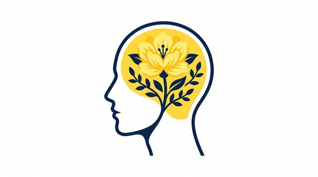 Mind blooming with a beautiful yellow flower, representing growth and creativity inside a human head silhouette.  isolated on solid white background