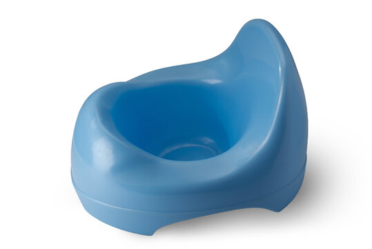 Ergonomic blue plastic potty chair for toddlers and infants, featuring a high backrest for comfort, shot from a side-angle view and isolated on white with clipping path included