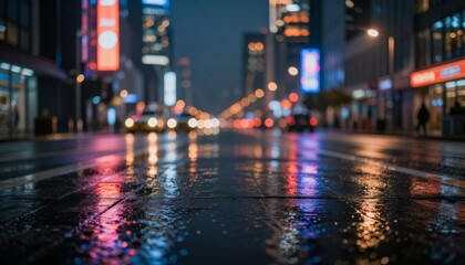 Obraz premium Dark city avenue with wet roads reflecting colorful lights from buildings