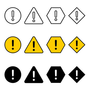Caution alarm set, danger sign collection, attention vector icon, yellow,and black ,ediatable stroke and fill circular,triangular,hexagonal,square set