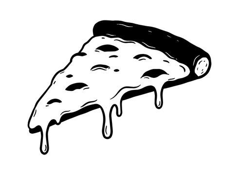 A black and white hand drawn sketch of a cheesy pizza slice with melted cheese dripping down isolated on transparent background, Vector
