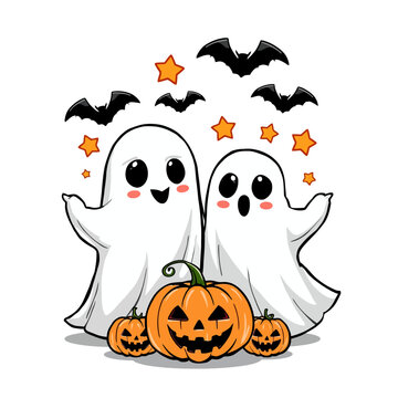Two cute cartoon ghosts are standing near a Jack-o'-lantern with two small pumpkins beside it. Bats and stars are flying around them
