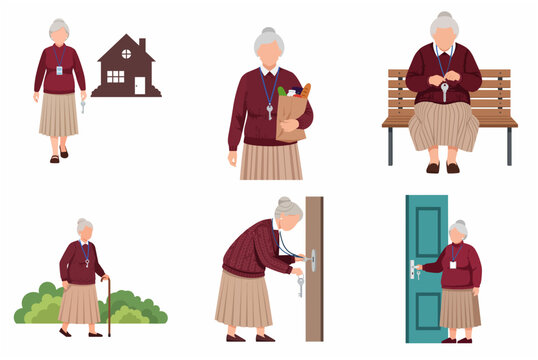 Senior woman with dementia and memory loss holding keys and safety lanyard vector illustration set.
