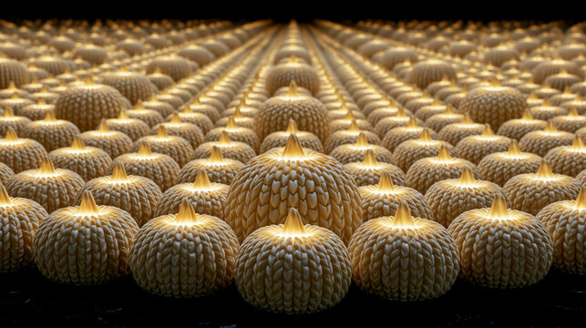 A symmetrical conceptual close-up photograph of textured pumpkins in infinite rows, illuminated from within, creating a surreal and hypnotic harvest display.