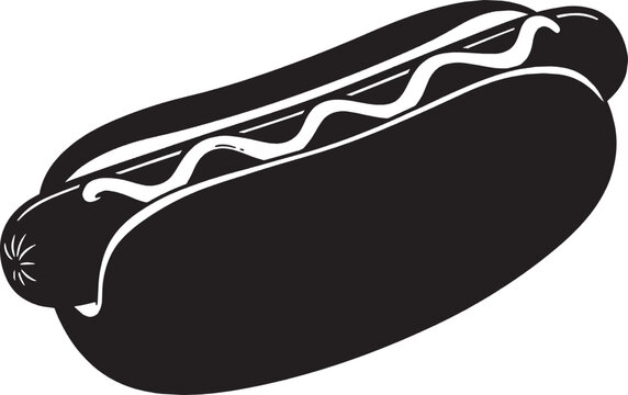 Black and white silhouette icon of a tasty hot dog with mustard on a bun isolated on transparent background, Vector