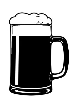 Black and white illustration of a beer glass mug filled with frothy lager isolated on transparent background, Vector