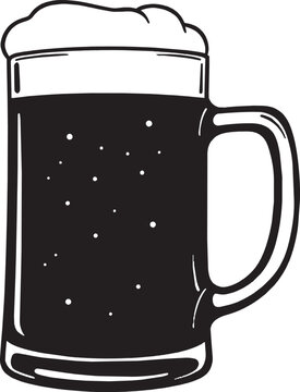 A simple black and white line art drawing of a glass mug filled with frothy beer isolated on transparent background, Vector