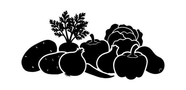 Black silhouette collection of fresh garden vegetables including potatoes onions carrots peppers and cabbage for healthy cooking and farm market design isolated on transparent background, Vector
