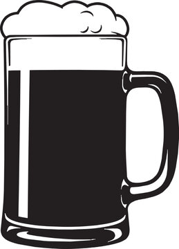 Black and white illustration of a beer glass mug filled with frothy lager isolated on transparent background, Vector