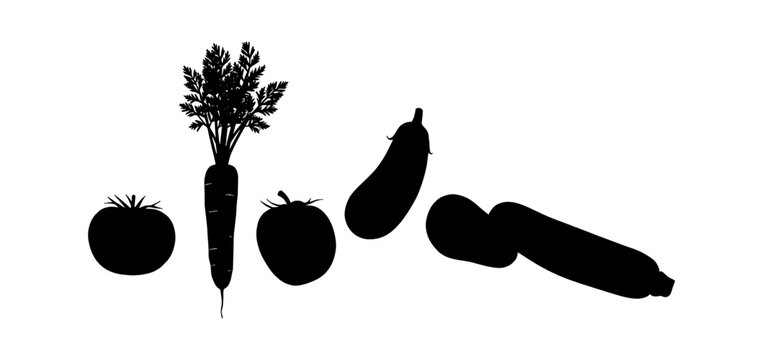 Black silhouette collection of fresh vegetables including tomato carrot and eggplant isolated on transparent background, Vector