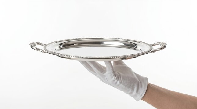 Waiter hand holding silver serving tray on white background Png