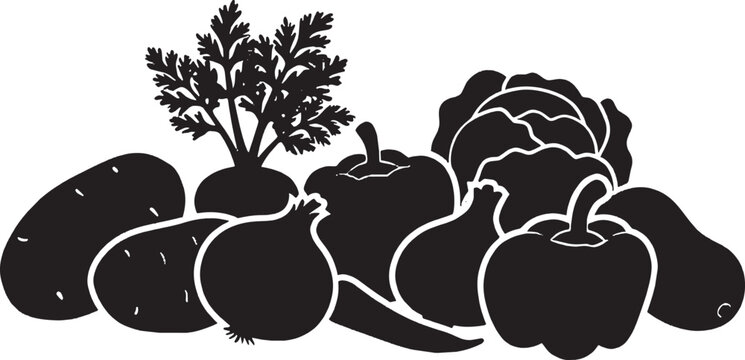 Black silhouette collection of fresh garden vegetables including potatoes onions carrots peppers and cabbage for healthy cooking and farm market design isolated on transparent background, Vector