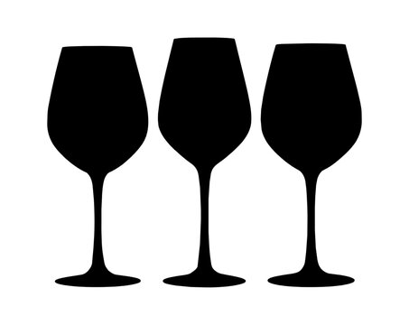 Three black wine glasses silhouette icons isolated on a plain surface isolated on transparent background, Vector