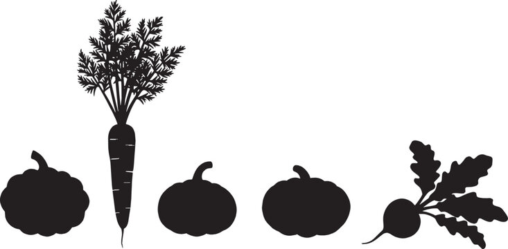Black silhouette set of fresh garden vegetables including carrot pumpkin and radish icons isolated on transparent background, Vector