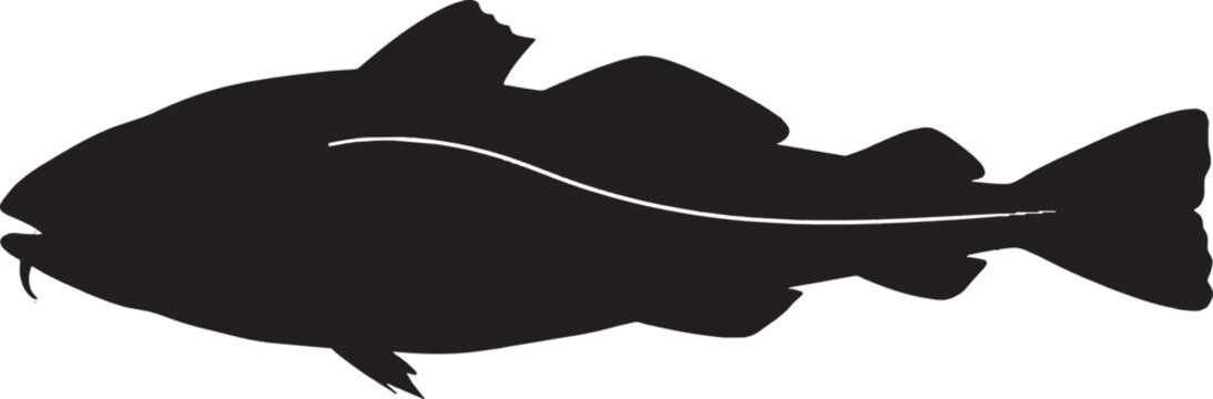 Black silhouette of a cod fish swimming in profile view isolated on transparent background, Vector