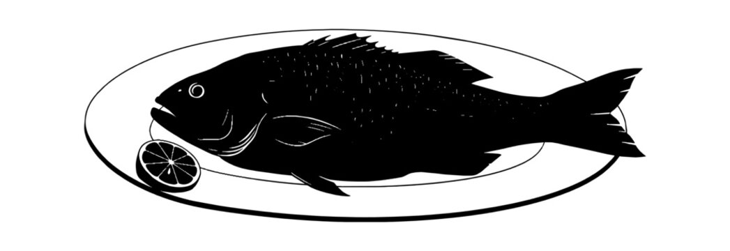 Black and white illustration of a fresh whole fish served on a plate with a lemon slice isolated on transparent background, Vector