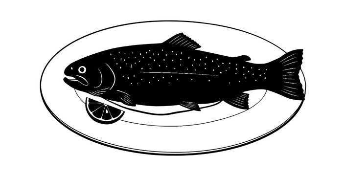 Black and white vector illustration of a cooked fish served on a plate with a slice of lemon for a restaurant menu design isolated on transparent background, Vector
