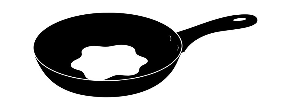Black frying pan with a fried egg cooking inside isolated on transparent background, Vector