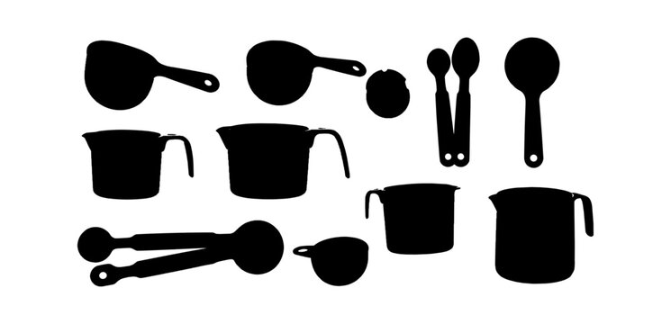 Black silhouette collection of kitchen measuring cups and spoons for cooking and baking food recipes isolated on transparent background, Vector