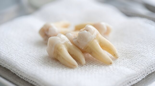 Extracted human teeth on gauze pad dental health and oral surgery