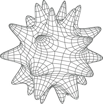Grid cell or sphere frame geometric mesh figure. Virtual polygonal wire shape with spikes, futuristic three dimensional vector grid frame or digital mesh cell sphere with spikes