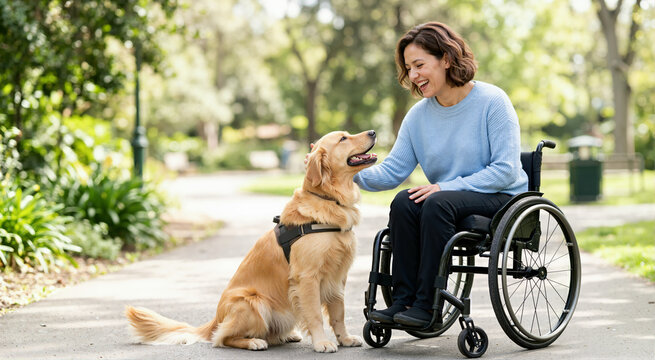 Smiling woman in wheelchair petting golden retriever in park. Female with physical disability enjoying outdoors with service dog. Animal therapy and mental health concept