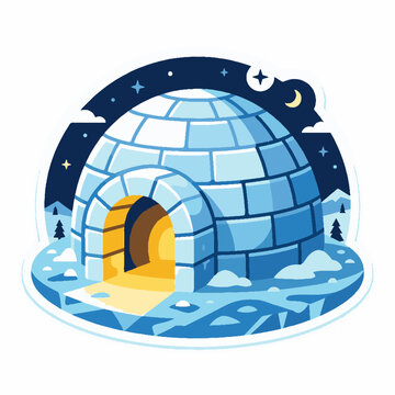 Stylized vector illustration of a cozy ice igloo with warm light glowing from the entrance under a starry night sky.