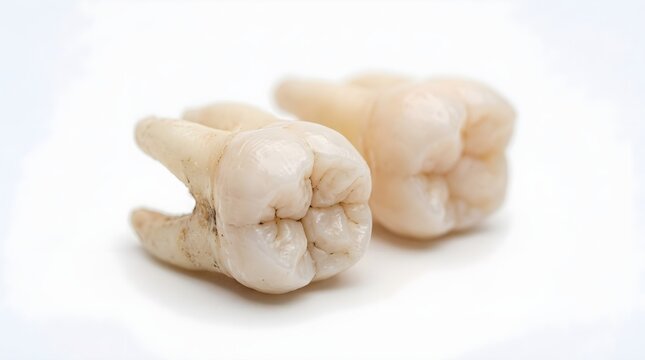 Extracted human molars on white background dental health concept