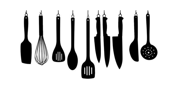 Set of black silhouette kitchen utensils and cooking tools hanging in a row isolated on transparent background, Vector