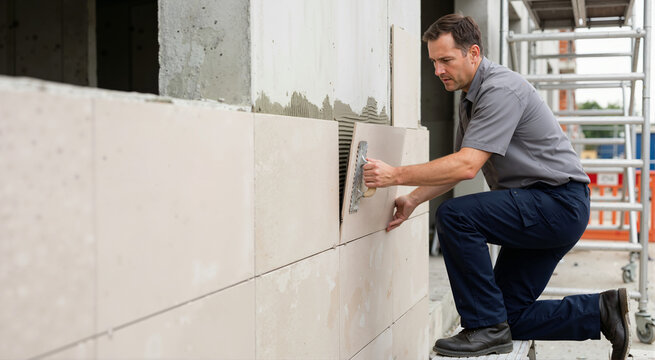 Male construction worker installing ceramic tiles on a building facade. Mason using a notched trowel to apply adhesive for exterior wall cladding