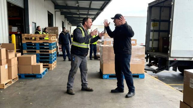 Two warehouse workers having an intense disagreement at a loading dock. Men arguing during shipment of goods. Conflict at workplace, stressful delivery process and logistics management.
