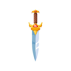 Fototapeta premium Fantasy sword with magic gemstones isolated cartoon stiletto magic sword icon. Vector fantasy stylet, magical military dagger gold handle. Sword mystic armed knife weapon with precious stones