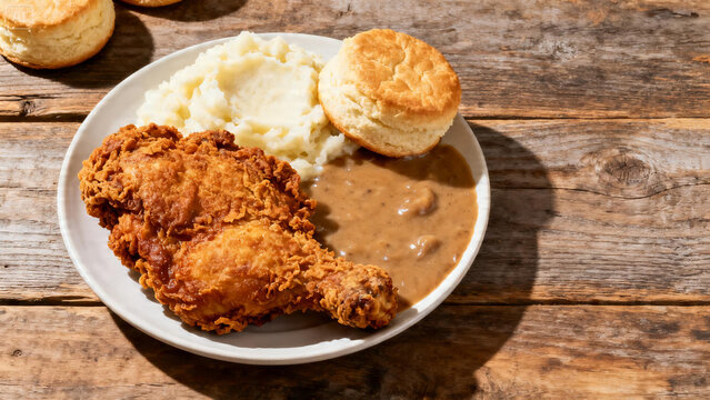 Delicious Southern Comfort Food Crispy Fried Chicken, Creamy Mashed Potatoes, and Fluffy Biscuits with Gravy