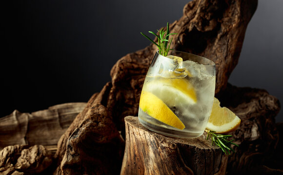Gin and tonic cocktail with lemon slices, ice and a sprig of rosemary.