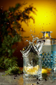Slice of lemon fall in glass with cocktail, creating beautiful splashes.